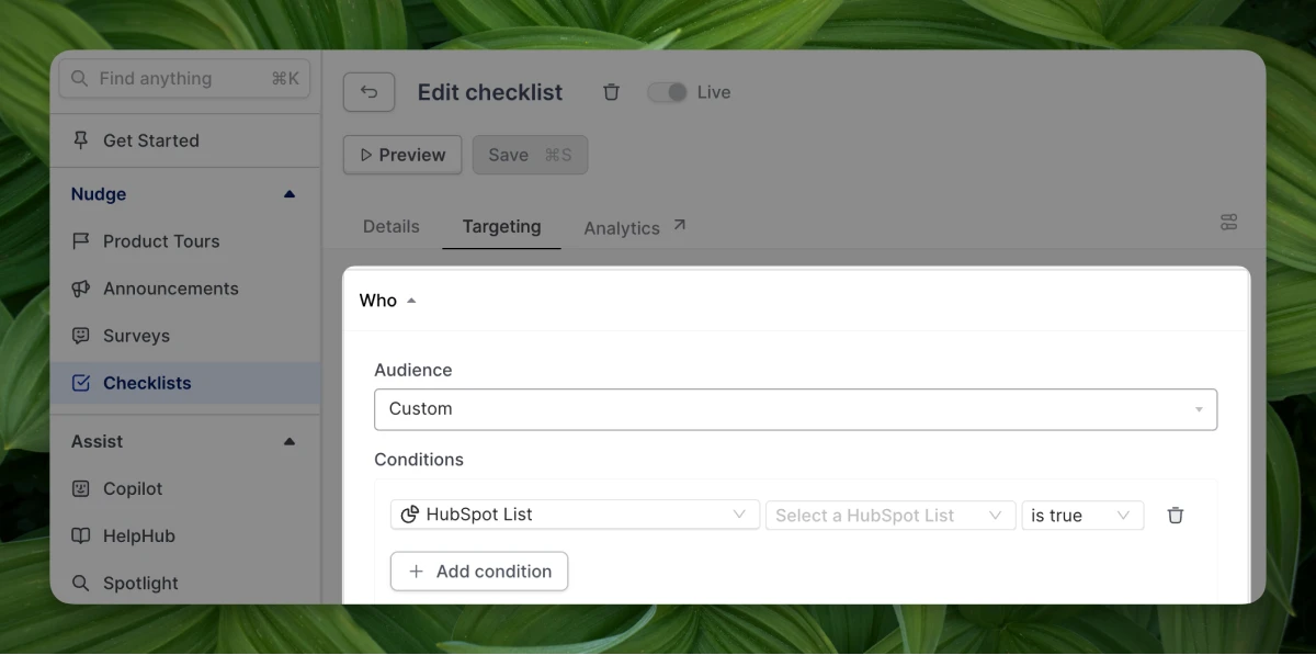 HubSpot list in checklist sample UI