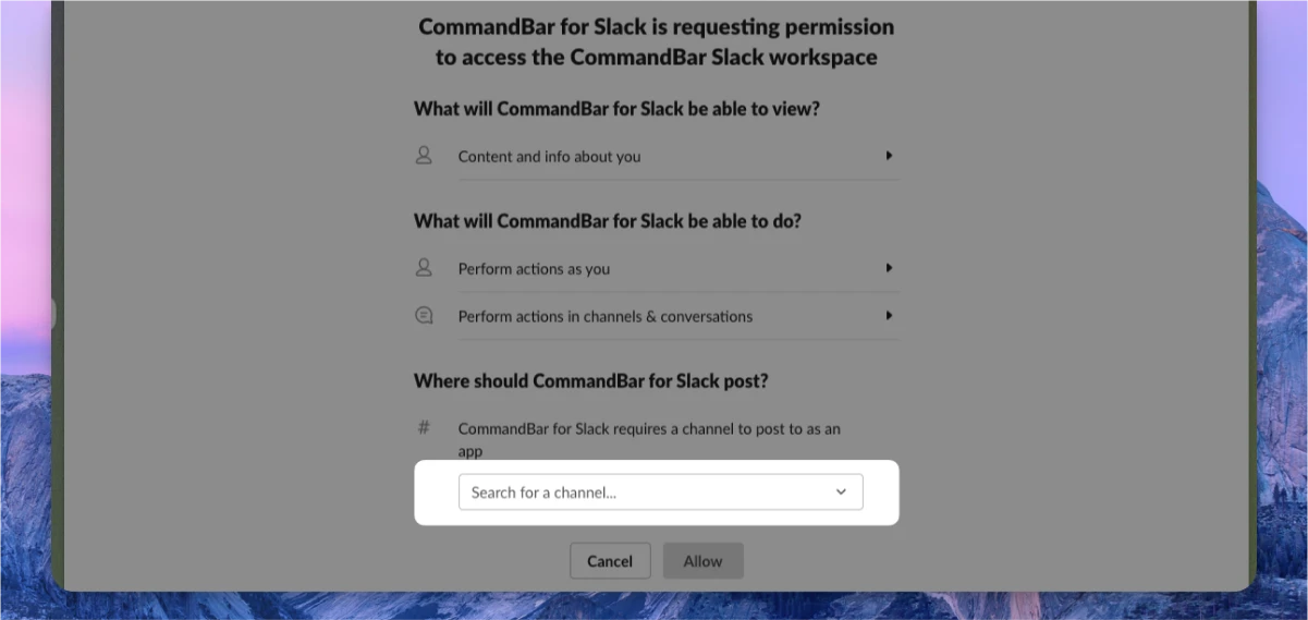 Allow CommandBar access to Slack